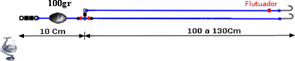 montagem de pesca com dois anzois, flutuador